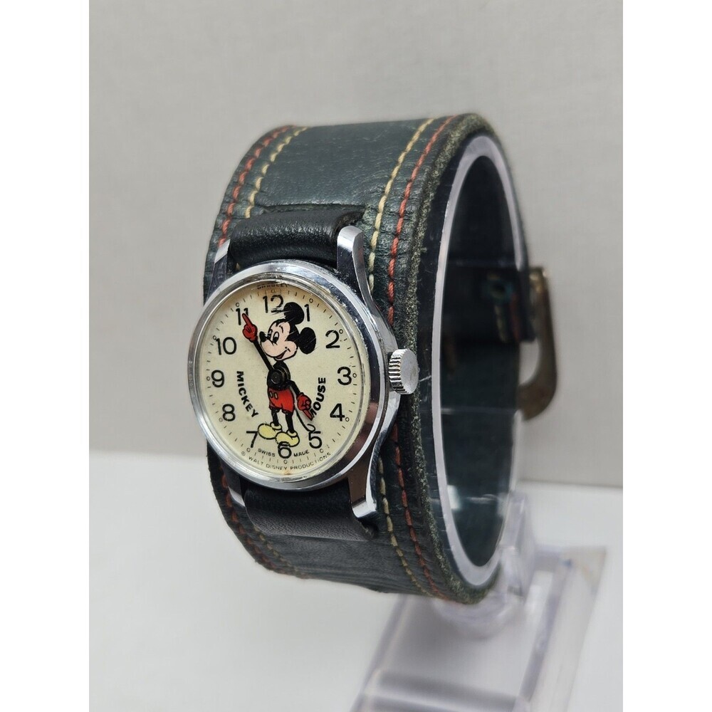 Vintage Bradley Mickey Mouse Swiss Made Walt Disney Mechanical Watch Blue Strap - Picture 2 of 14